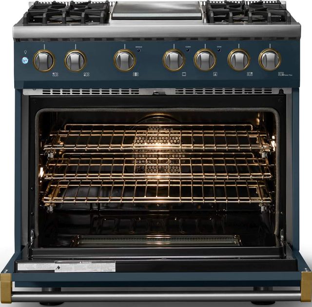 Viking® 5 Series 36" Squall Pro Style Dual Fuel (LP) Range with Brushed Brass Trim-1