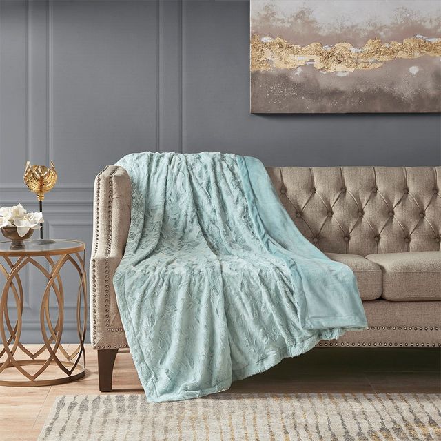 Olliix by Madison Park Zuri 1 Aqua Oversized Faux Fur Throw-1