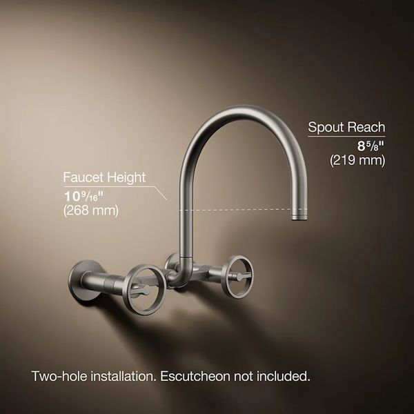 KOHLER® Billet® Vibrant Stainless 12" 2-Hole Wall-Mount Bridge Kitchen Sink Faucet with Round Handles-4