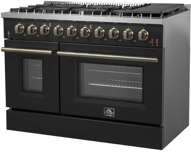 FORNO® Galiano 48" Stainless Steel Pro Style Gas Range with Black Door and Antique Brass Accents-4
