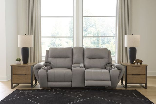 Signature Design by Ashley® Real Moments Ash Power Reclining Loveseat with Audio Seating-1