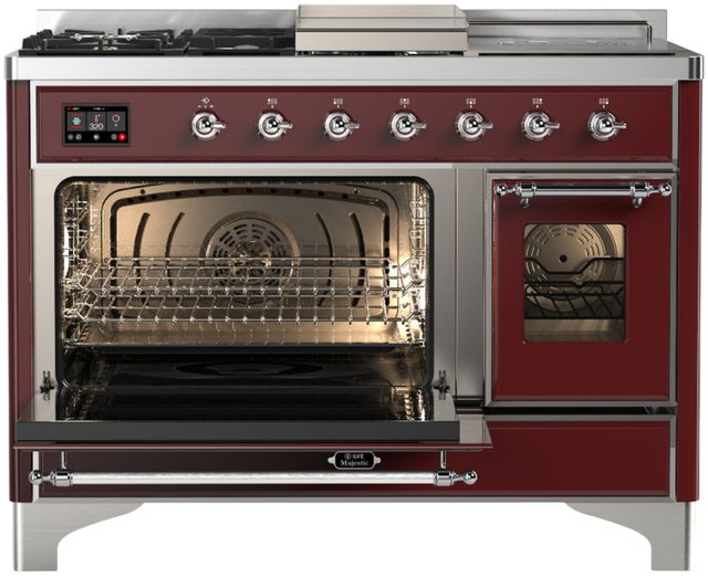Ilve® Majestic III 48" Burgundy Pro Style Dual Fuel Liquid Propane Range with 5 Black Brass Burners and Chrome Trim-2