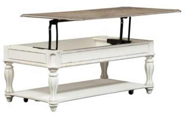Liberty Furniture Magnolia Manor Antique White Oversized Lift Top Cocktail Table with Weathered Bark Top