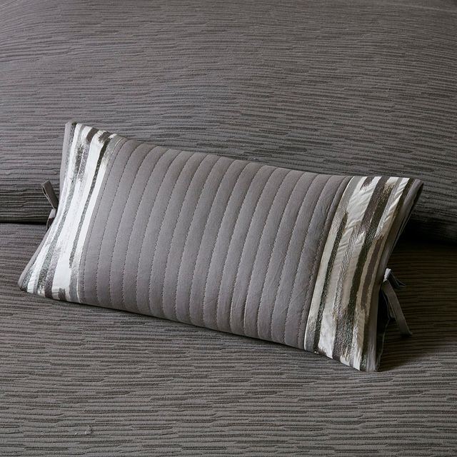 Olliix by N Natori Grey Hanae Embroidered Cotton Oblong Decorative Pillow-1