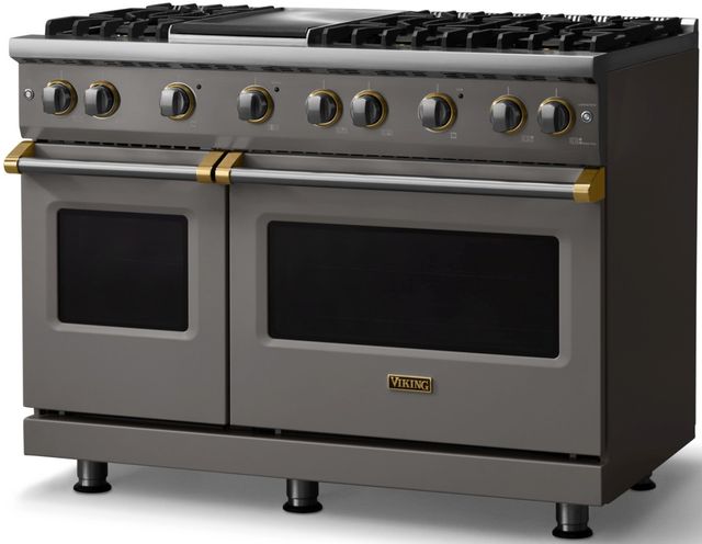 Viking® 5 Series 48" Damascus Gray Pro Style Gas (LP) Range with Brushed Brass Trim-2