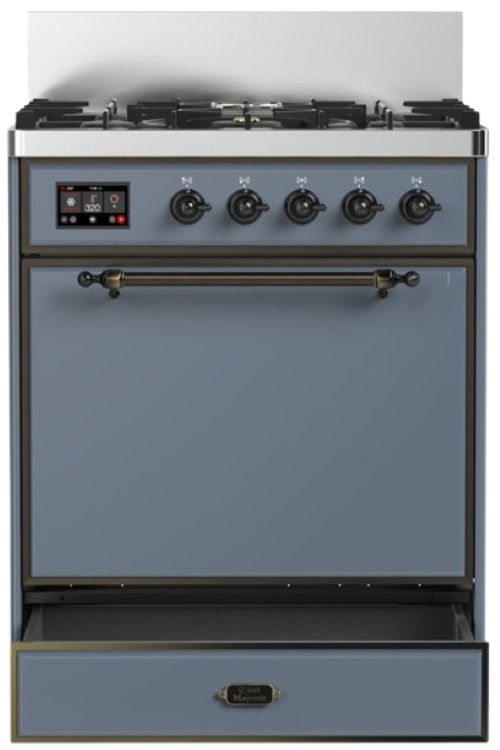 Ilve® Majestic III 30" Blue Gray Pro Style Dual Fuel Liquid Propane Range with 5 Black Brass Burners and Burnished Trim-2