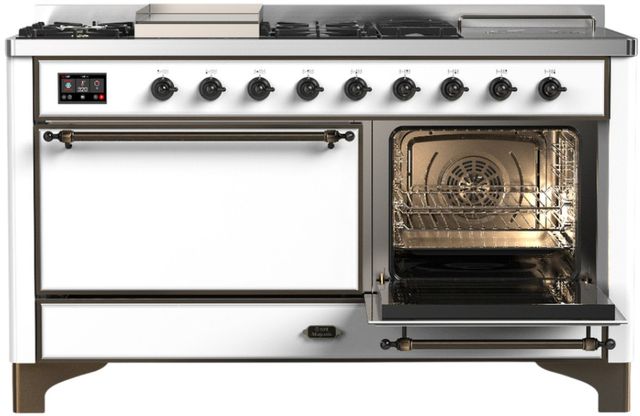 Ilve® Majestic III 60'' White Pro Style Dual Fuel Natural Gas Range with Solid Door and Burnished Trim-3