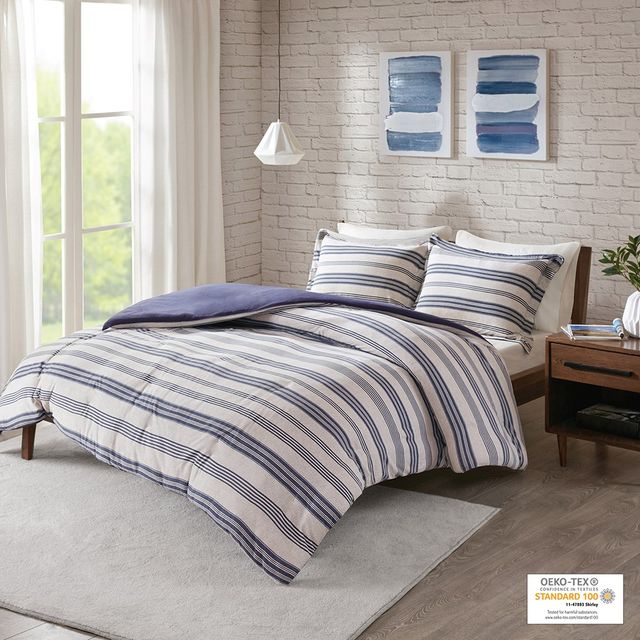 Olliix by Urban Habitat Navy Full/Queen Cole Stripe Print Ultra Soft Cotton Blend Jersey Knit Duvet Cover Set-2