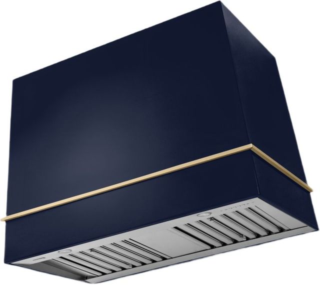 La Cornue Cornufé Loge 44" Goodwood Blue Wall Mounted Range Hood with Brushed Brass Trim-0