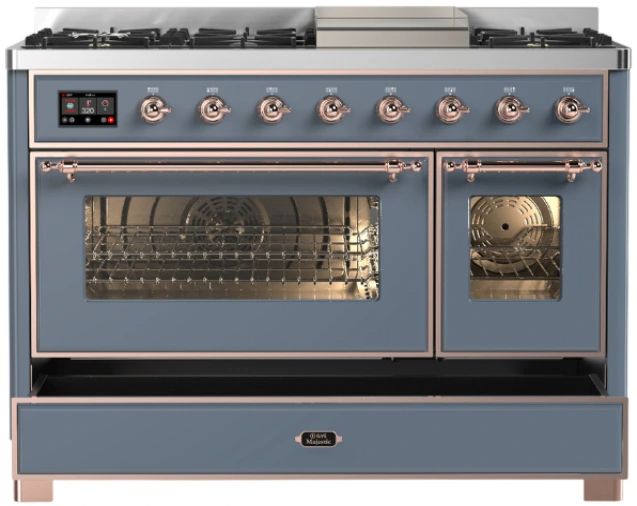 Ilve® Majestic III 48" Blue Gray Pro Style Dual Fuel Liquid Propane Range with Triple Glass Door and Copper Trim-1