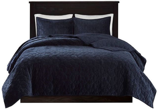Olliix by Madison Park Harper 3 Piece Navy Full/Queen Faux Velvet Reversible Coverlet Set-0