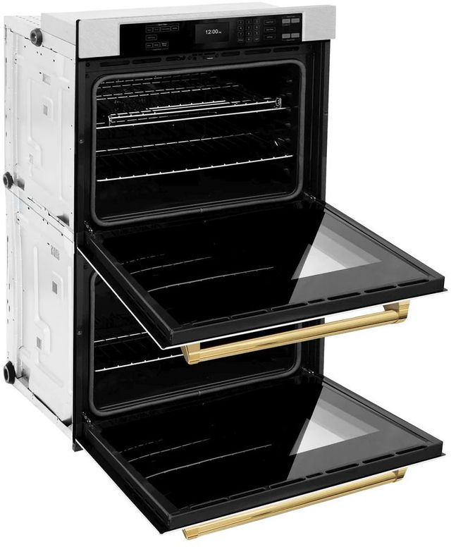 ZLINE Autograph Edition Professional 30" Satin Stainless Steel Double Electric Wall Oven with White Matte Doors and Polished Gold Accents-3