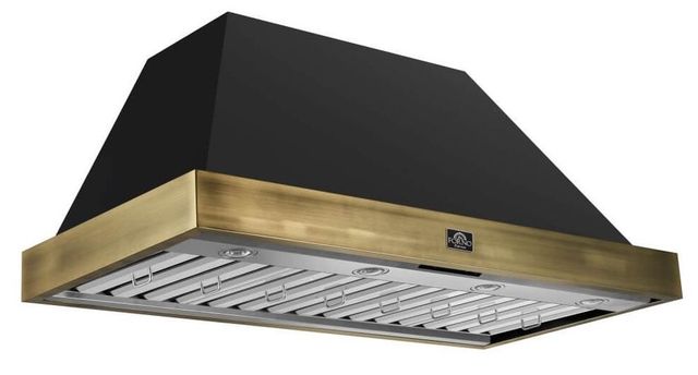 FORNO® Vittorio 48" Black Wall Mounted Range Hood with Antique Brass Trim-2