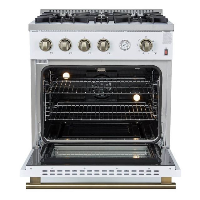 FORNO® Marco 30" White Pro Style Gas Range with Antique Brass Accents-1