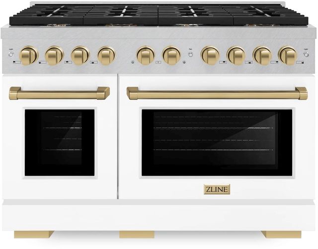ZLINE Autograph Edition Paramount 48" Satin Stainless Steel Pro Style Dual Fuel Range with White Matte Door and Champagne Bronze Accents-0