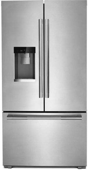 Front view of the JennAir® RISE™ 36 in. 23.8 Cu. Ft. Stainless Steel Counter Depth French Door Refrigerator