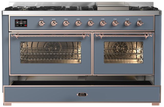 Ilve® Majestic III 60" Blue Gray Pro Style Dual Fuel Liquid Propane Range with Triple Glass Door and Copper Trim-1