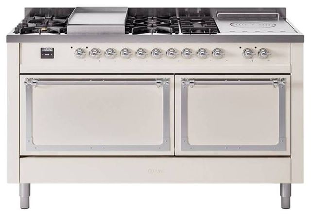Ilve® Nostalgie II Noblesse 60'' Antique White Pro Style Dual Fuel Range with Chrome Trim-0