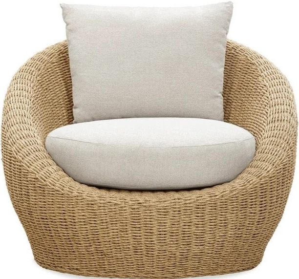 LH Home Siesta Natural Wicker Outdoor Round Club Chair with Beige Olefin Fabric Cushions-3