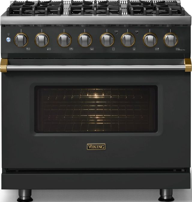Viking® 5 Series 36" Antique Bronze Pro Style Dual Fuel (NG) Range with Brushed Brass Trim-2