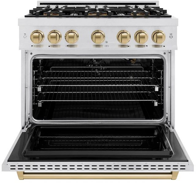 ZLINE Autograph Edition 36" 5.2 cu. ft. Gas Range with 6 Burner DuoPro™ Cooktop and Convection Gas Oven in Satin Stainless Steel and Champagne Bronze Accents -1