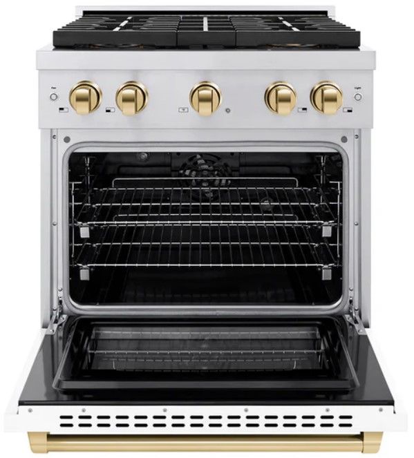 ZLINE Paramount 30" 4.2 cu. ft. Satin Stainless Steel with White Matte Door Paramount Dual Fuel Range with 4 Burner DuoPro™ Cooktop and Electric Convection Oven with Polished Gold Accents-1