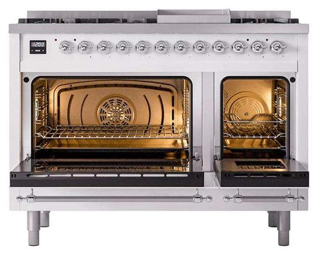 Ilve® Nostalgie II Noblesse 48'' White Pro Style Dual Fuel Range with Chrome Trim-2