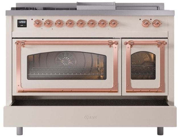 Ilve® Nostalgie II Noblesse 48'' Antique White Pro Style Dual Fuel Range with Copper Trim-3