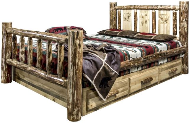 Montana Woodworks® Glacier Country Stain & Clear Lacquer Queen Storage Bed with Laser Engraved Bear Design-3