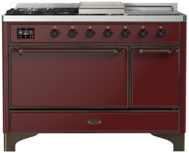 Ilve® Majestic III 48" Burgundy Pro Style Dual Fuel Liquid Propane Range with French Top and Burnished Trim-0