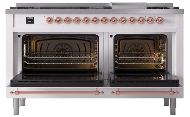 Ilve® Nostalgie II Noblesse 60'' White Pro Style Dual Fuel Range with Copper Trim-1