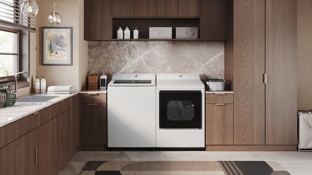 Front view of a modern laundry room with an LG washer and dryer