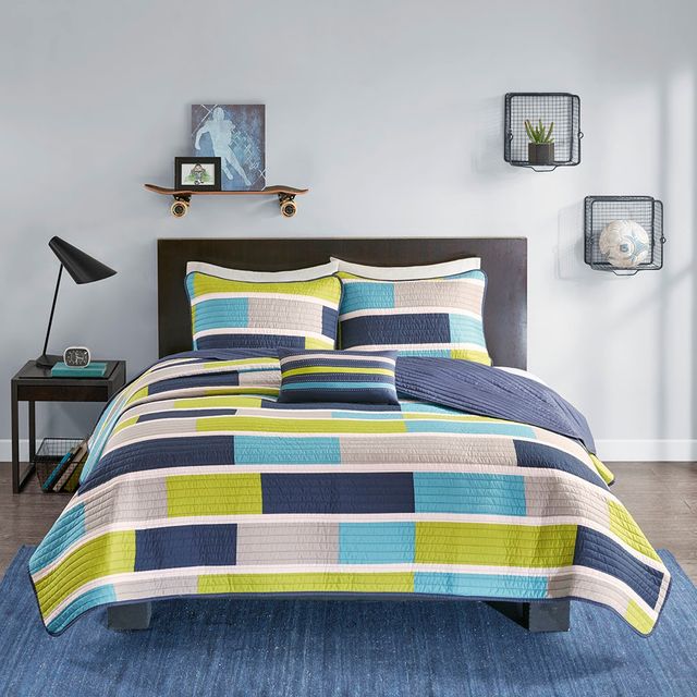 Olliix by Mi Zone Bradley Blue and Lime Green Twin/Twin XL Reversible Coverlet Set-0