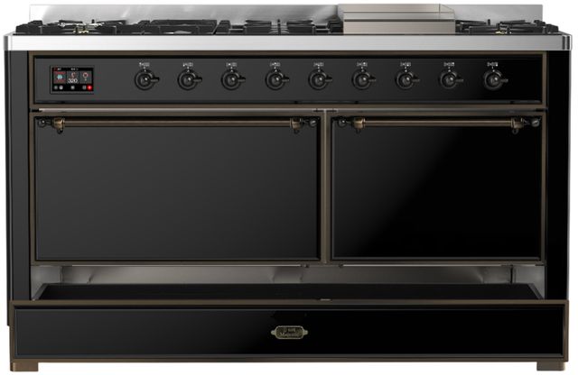 Ilve® Majestic III 60" Glossy Black Pro Style Dual Fuel Liquid Propane Range with Solid Door and Burnished Trim-1