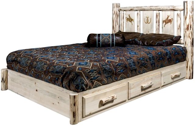 Montana Woodworks® Montana Collection Ready to Finish Twin Platform Storage Bed with Laser Engraved Bronc Design-3