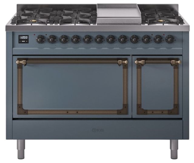 Ilve® Nostalgie II Noblesse 48'' Blue Gray Pro Style Dual Fuel Range with Burnished Trim-0