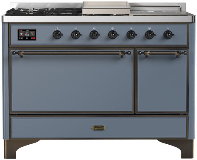 Ilve® Majestic III 48" Blue Gray Pro Style Dual Fuel Natural Gas Range with 5 Black Brass Burners and Burnished Trim-0