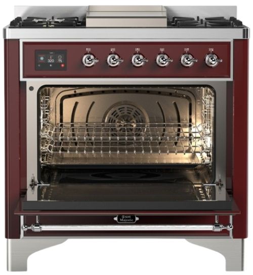 Ilve® Majestic III 36" Burgundy Pro Style Dual Fuel Natural Gas Range with Solid Door and Chrome Trim-1