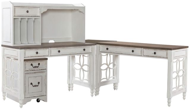 Liberty Furniture Magnolia Manor 5-Piece Antique White/Weathered Bark L-Shaped Office Desk Set-0