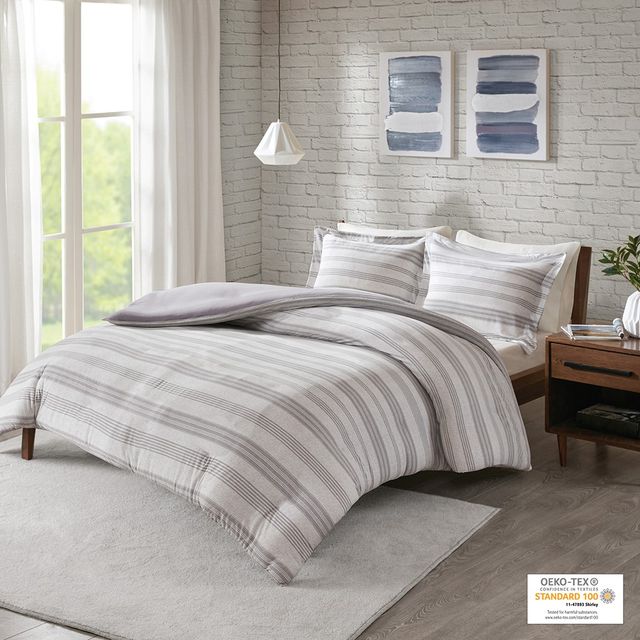 Olliix by Urban Habitat Grey King/California King Cole Stripe Print Ultra Soft Cotton Blend Jersey Knit Duvet Cover Set-2
