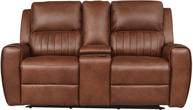 Bassett® Furniture Aberdeen Chestnut Leather Loveseat with Power and Console-0