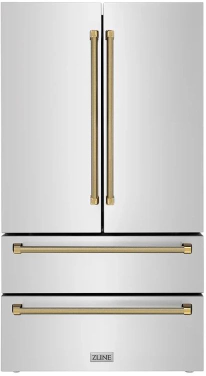 ZLINE Autograph Edition 36" 22.5 Cu. Ft. Fingerprint-Resistant Stainless Steel Counter Depth French Door Refrigerator with Ice Maker and Polished Gold Helix Handles-0