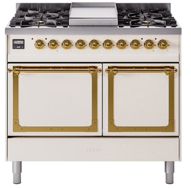 Ilve® Nostalgie II Noblesse 40'' Antique White Pro Style Dual Fuel Range with Brass Trim-0