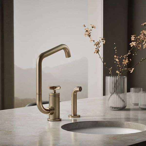KOHLER® Billet® Vibrant Brushed Bronze Single Cross-Handle Bar Sink Faucet with 2-Function Extended-Reach Spout and Side Sprayer-1