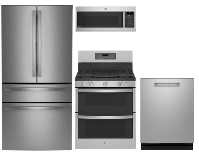 GE Profile 4 Piece Kitchen Package with Gas Range with Double Oven, Counter Depth 4 Door French Door Refrigerator, Over the Range Microwave and Dishwasher -0