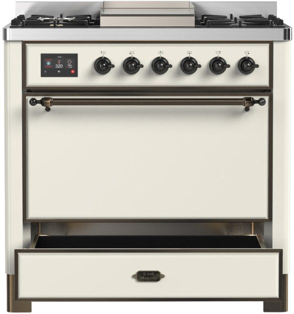 Ilve® Majestic III 36" Antique White Pro Style Dual Fuel Liquid Propane Range with Solid Door and Burnished Trim-1