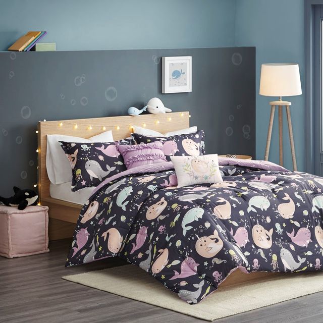 Olliix by Urban Habitat Kids Magical Narwhals Cotton Reversible Purple Multi Twin Comforter Set-4