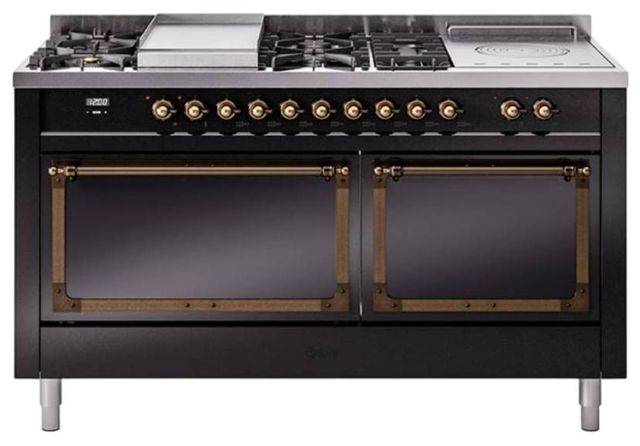 Ilve® Nostalgie II Noblesse 60'' Glossy Black Pro Style Dual Fuel Range with Burnished Trim-0