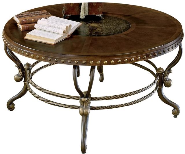Mazin Furniture Jenkins Dark Cherry Round Cocktail Table with Tobacco Metal Base-0