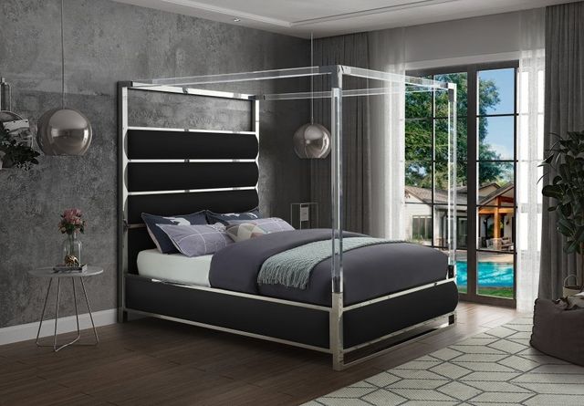 Meridian Furniture Encore Black Queen Vegan Leather Upholstered Canopy Bed-3